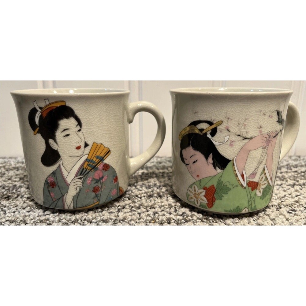 VTG Set of 2 Japanese Geisha Girl Women Mug Cup Oriental Coffee Tea 10oz Japan